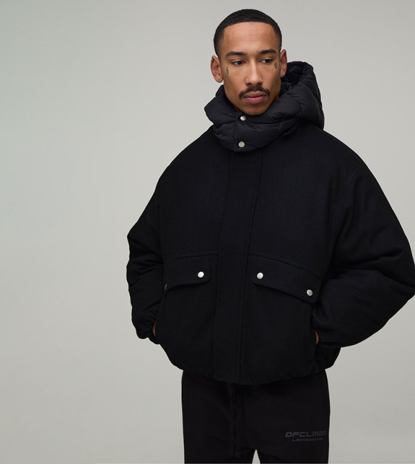 Nylon Hooded Melton Oversized Puffer Jacket