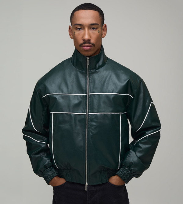 Piped High Neck PU Bomber Jacket