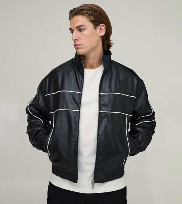 Boxy Fit High Neck Piped PU Bomber Jacket