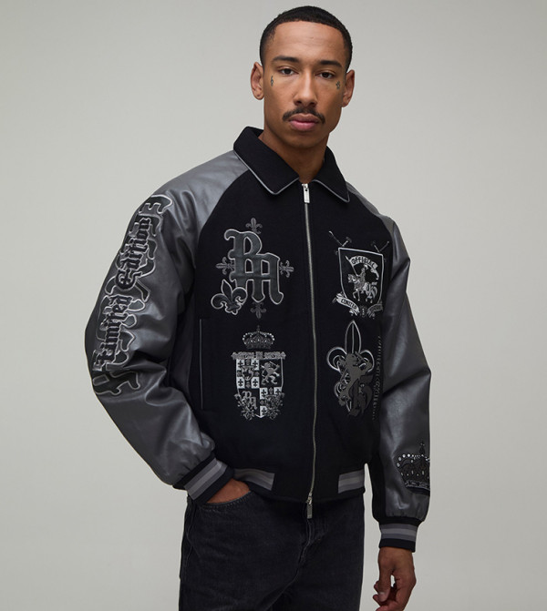 Boxy Fit Melton Cross Applique Varsity Jacket