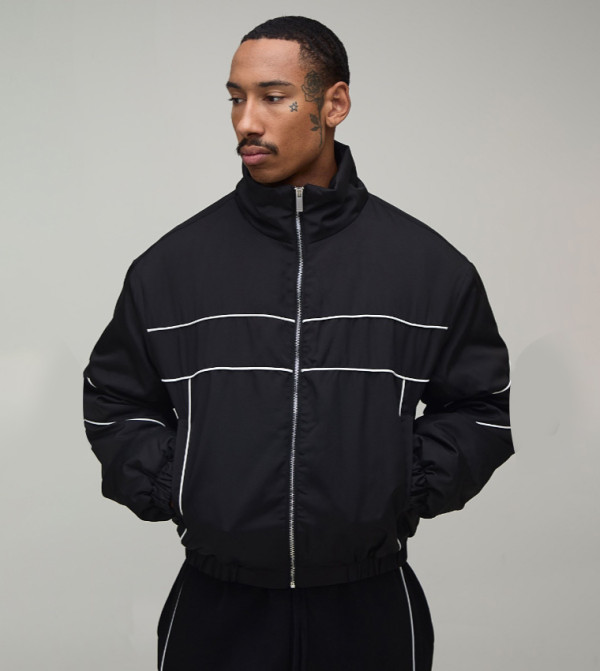 Regular Fit Piped High Neck Puffer Jacket