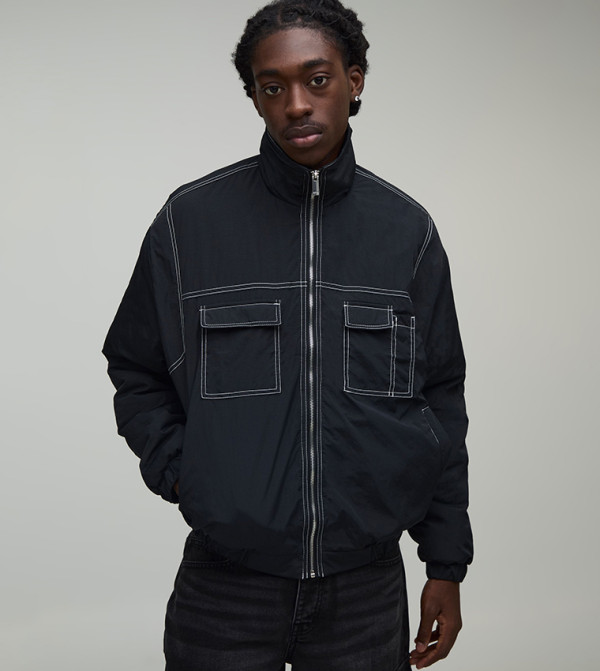 Contrast Stitch Regular Fit High Neck Jacket