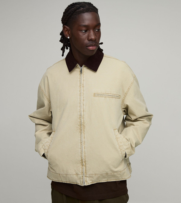 Boxy Fit Washed Twill Contrast Cord Collar Worker Jacket