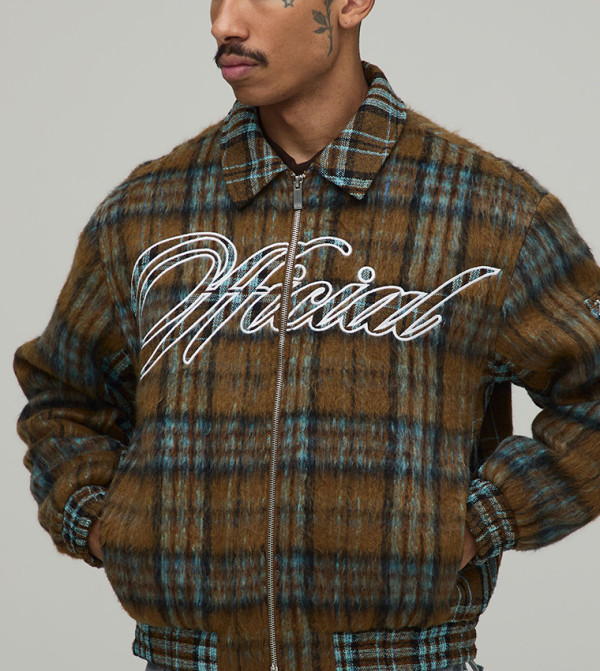 Boxy Fit Man Certified Brushed Mixed Plaid Bomber Jacket