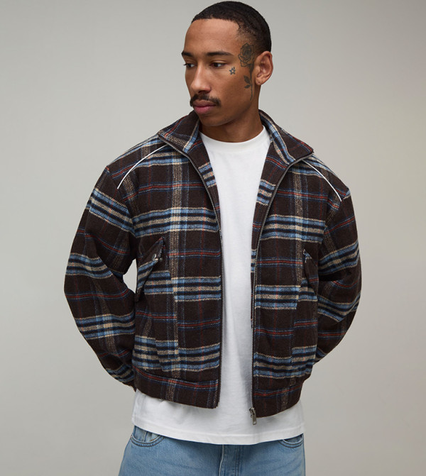 Check Piping Funnel Melton Bomber Jacket