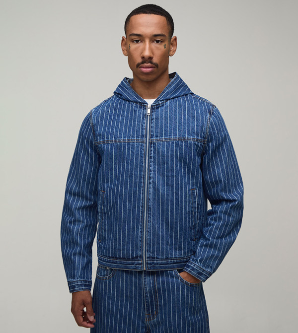 Mid Wash Pinstripe Boxy Fit Denim Hooded Jacket