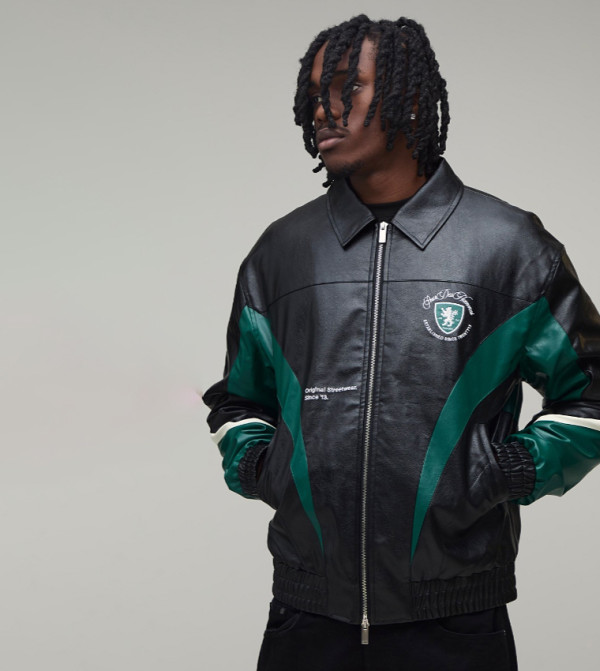 Tall PU Color Block Panel Embroidered Varsity Jacket