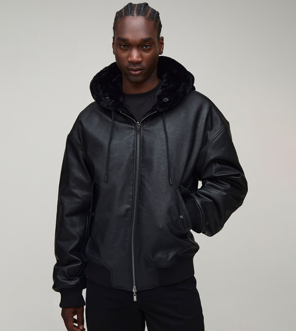 Plus & Tall Faux Fur & PU Hooded Reversible Oversized Bomber Jacket