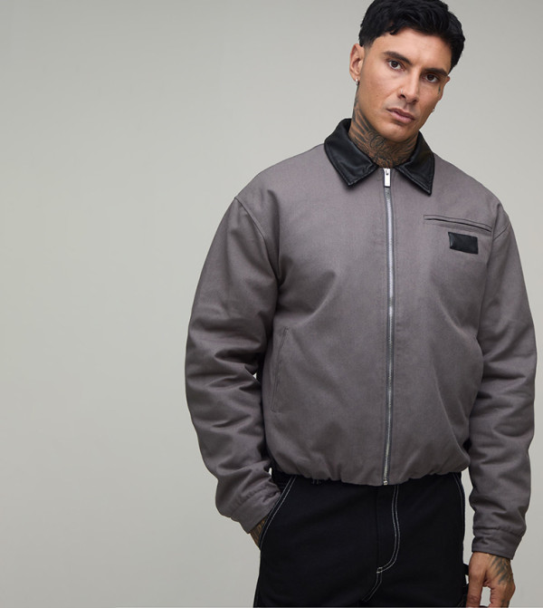 Plus & Tall Contrast PU Collar Twill Oversized Worker Jacket