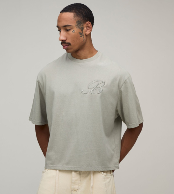 Heavyweight B Embroidered Peached Oversized T-Shirt