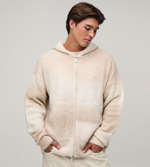 Ombre Zip Through Relaxed Fluffy Knitted Hooded Jacket