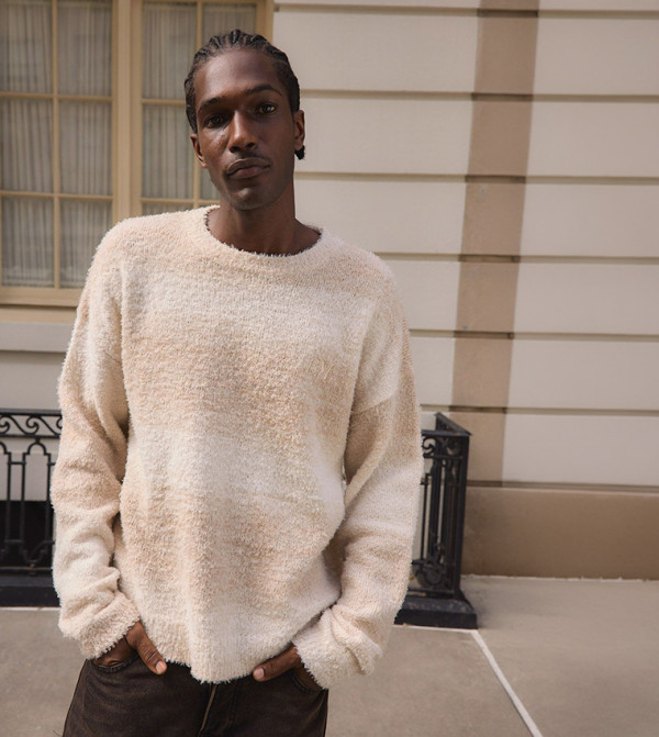 Ombre Knitted Crew Neck Fluffy Sweater