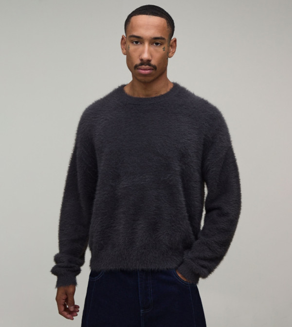 Extreme Fluffy Crew Neck Boxy Fit Knitted Sweater