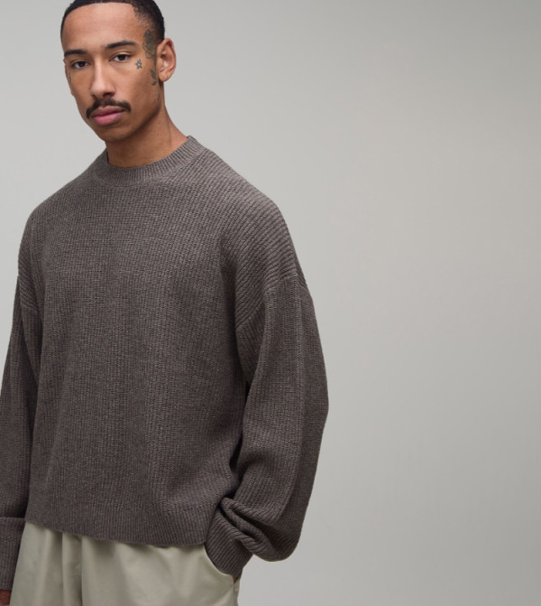 Wool Blend Ribbed Crew Neck Boxy Fit Knitted Sweater