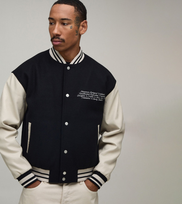 PU & Melton Embroidered Varsity Jacket