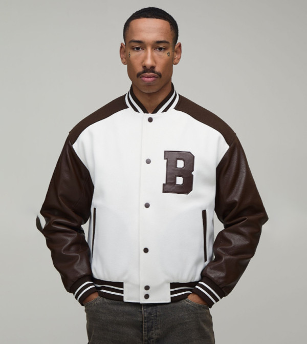 B Appliqued PU & Melton Varsity Jacket