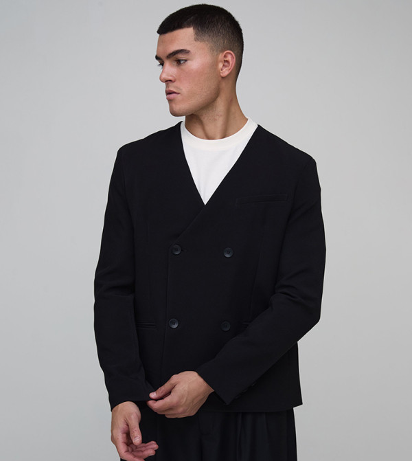 Double Breasted Collarless Blazer