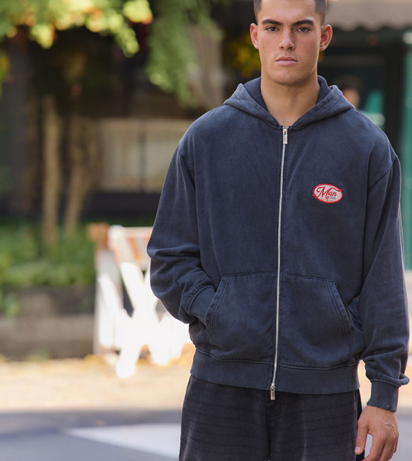 Applique Washed Zip Through Oversized Hooded Jacket
