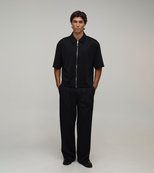 Zippered Oversized Shirt & Wide Leg Adjustable Waist Trousers Set