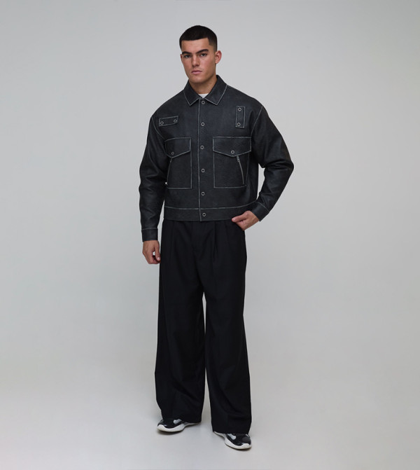 Textured PU Collared Zip-Through Jacket