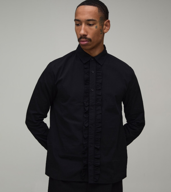 Solid Regular Fit Ruffle Front Shirt