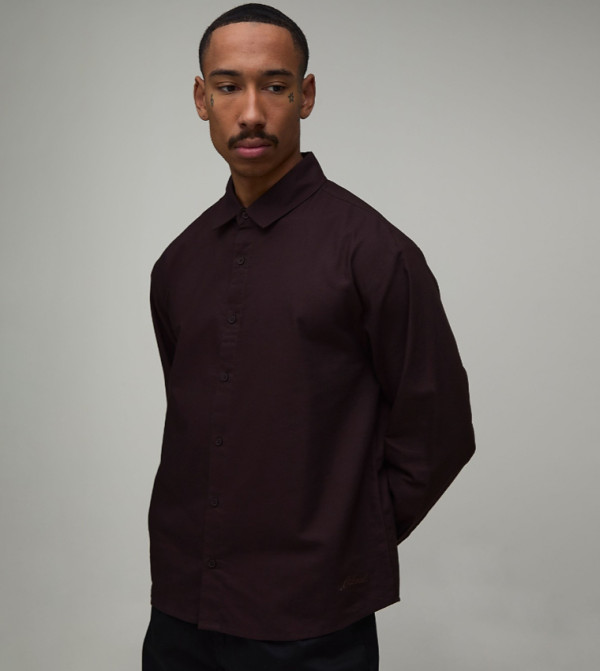 Solid Curve Hem Embroidered Oversized Oxford Shirt