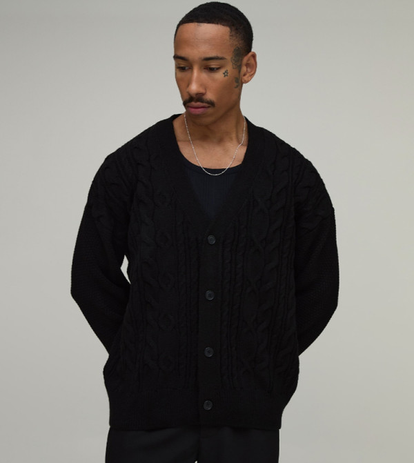 Relaxed Fit Cable Knit Knitted Cardigan