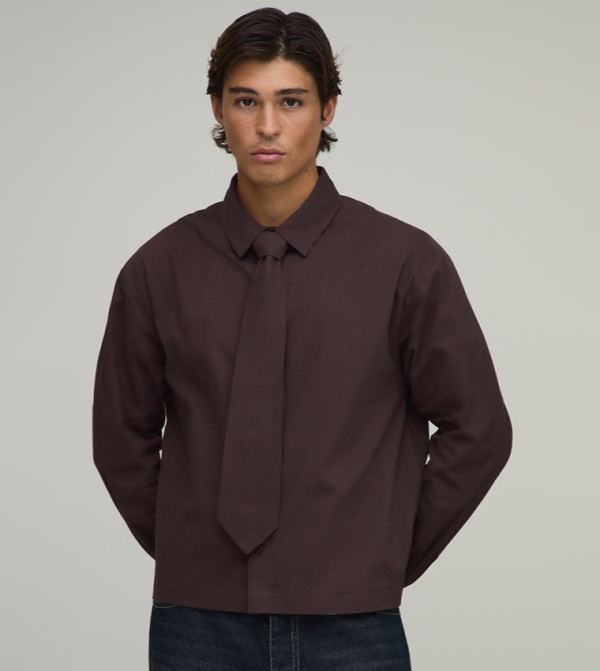 Solid Long Sleeves Oversized Shirt & Tie