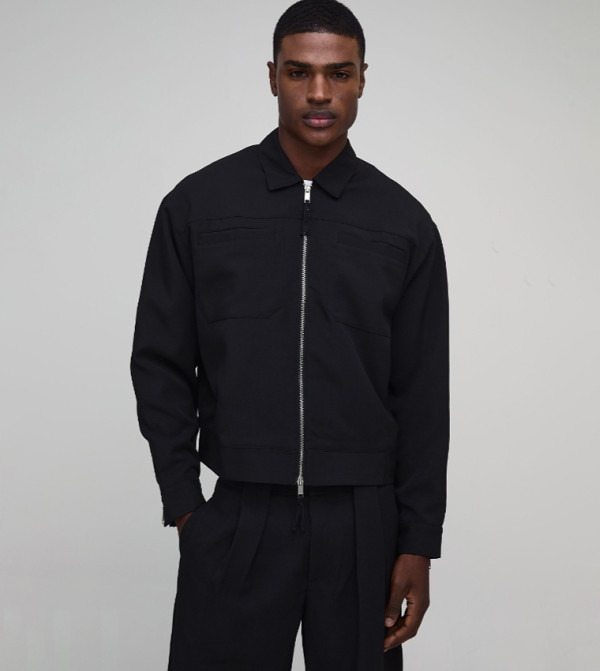 Twill Textured Chest Pocket Zippered Jacket