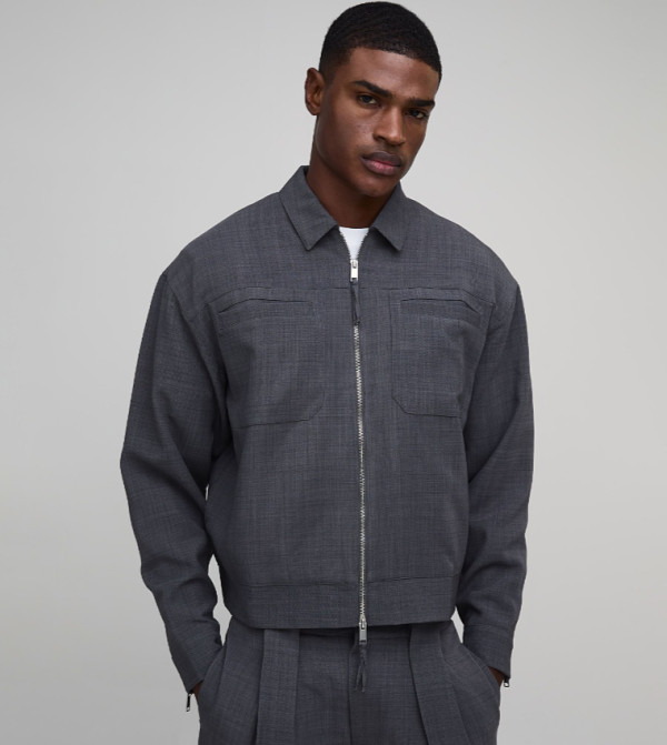 Twill Textured Chest Pocket Zippered Jacket