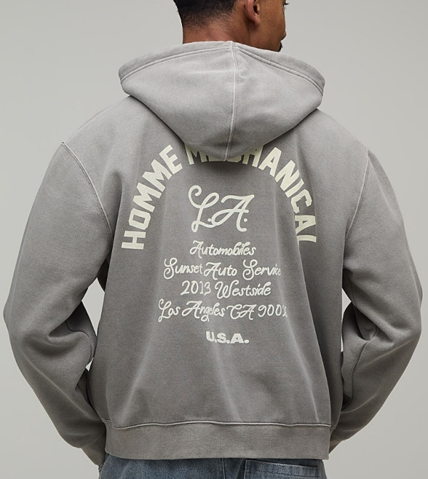 Motor Print Washed Zippered Oversized Hooded Jacket