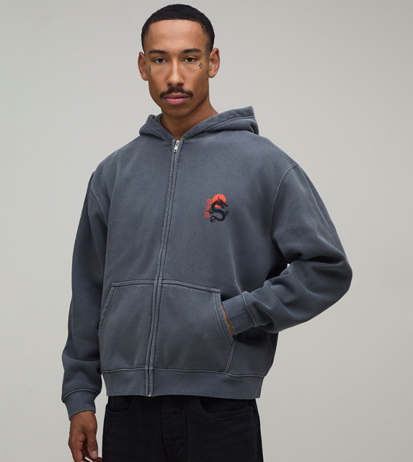 Dragon Washed Zip Through Hooded Oversized Jacket