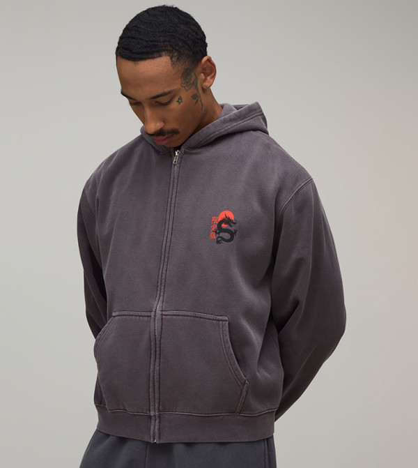 Dragon Washed Zip Through Hooded Oversized Jacket