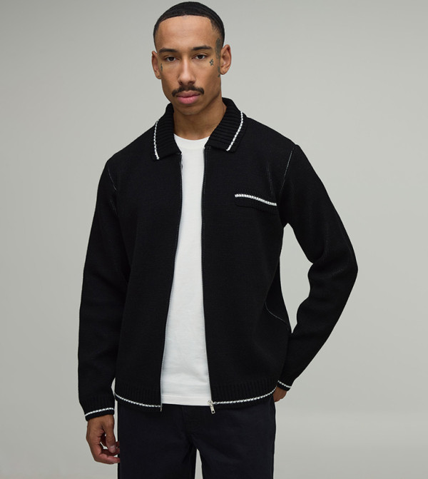 Tipped Knitted Zip-Through Boxy Fit Cardigan