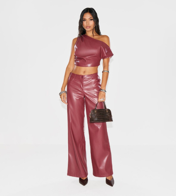 Faux Leather Low Rise Wide Leg Trousers