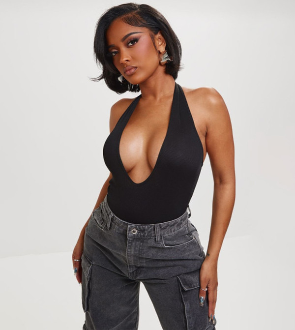 Shape Ribbed Halterneck Plunge Bodysuit