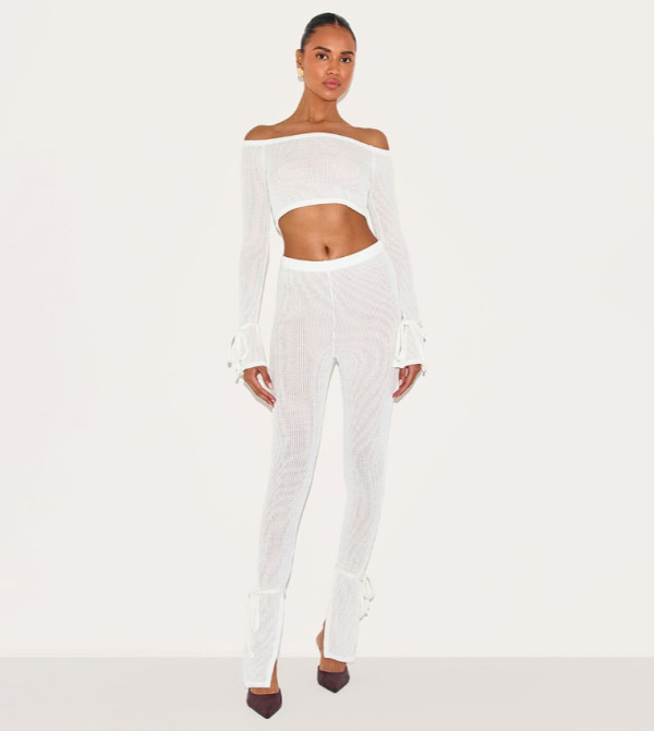 Sheer Soft Rib Split Hem Tie Detail Leggings