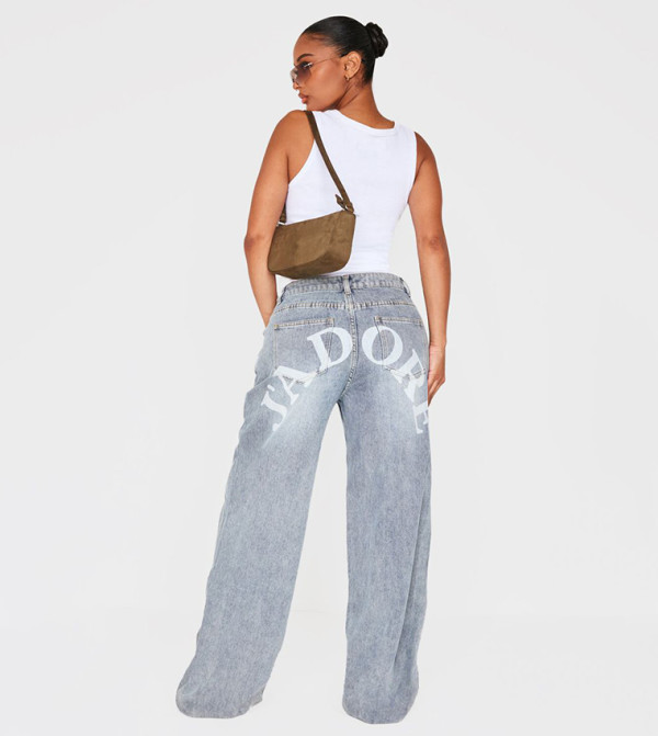 Shape Low Rise Washed Jadore Print Wide Leg Jeans