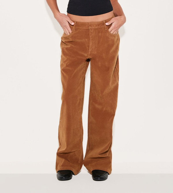 Faux Suede Mid Rise Straight Fit Trousers