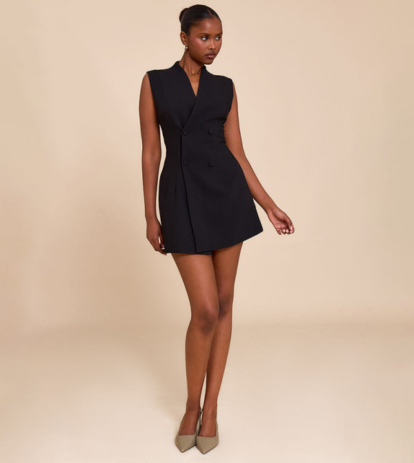 Woven Collarless Button Mini Dress