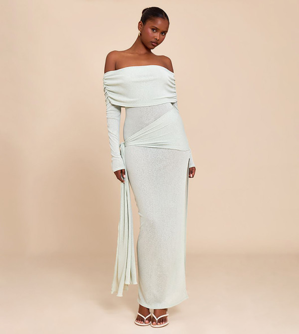 Onion Skin Bardot Tie Waist Maxi Dress