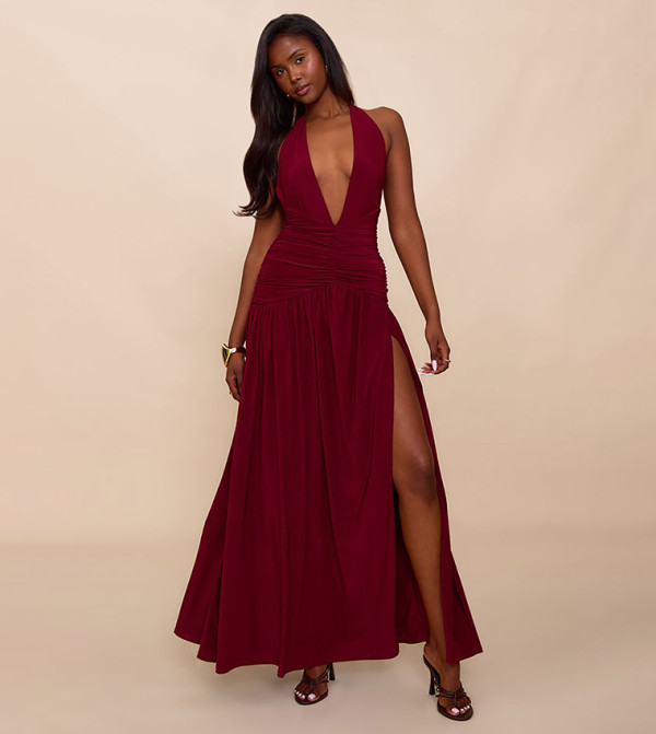 Double Layer Slinky Ruched Maxi Dress