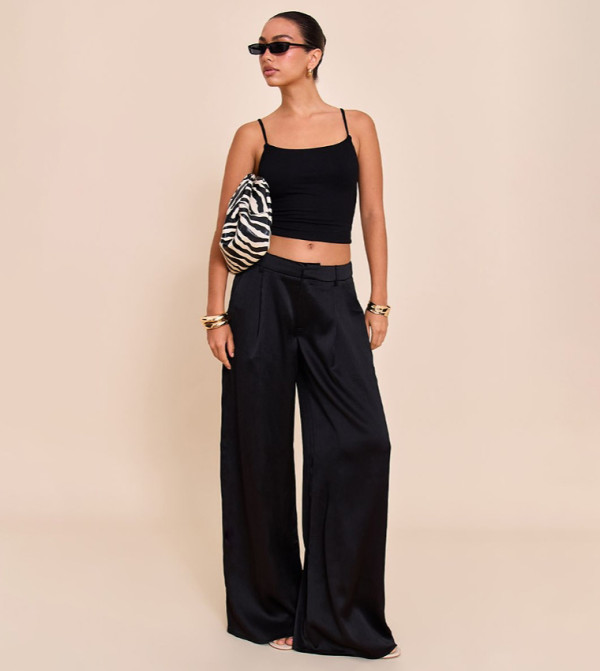 Textured Satin Double Pleat Wide Leg Trousers