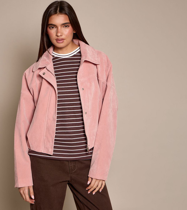 Faux Suede Covered Placket Bomber Jacket