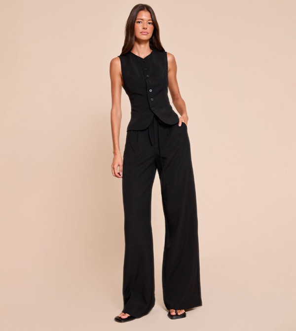 Tailored Tie Detail Woven Wide Leg Trousers