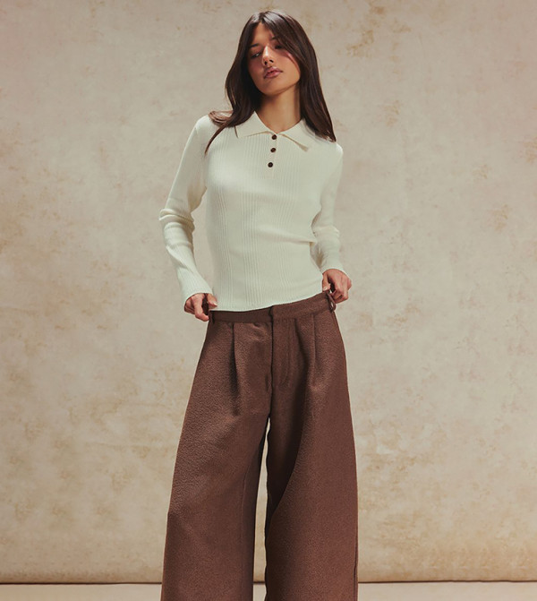 Ribbed Knit Long Sleeves Collared Top