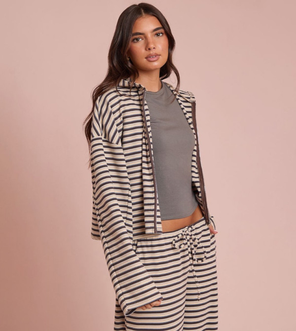 Striped Soft Fleece Zip Up Hooded Jacket