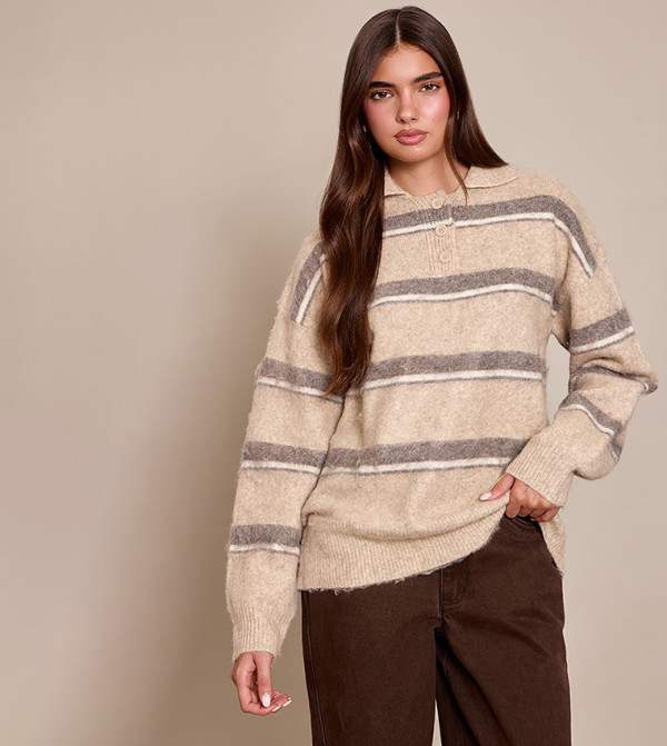 Striped Brushed Knit Rugby Style Oversized Sweater
