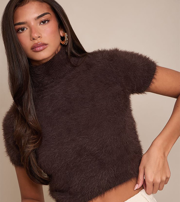 Fluffy Knit Turtleneck Crop Short Sleeves Sweater