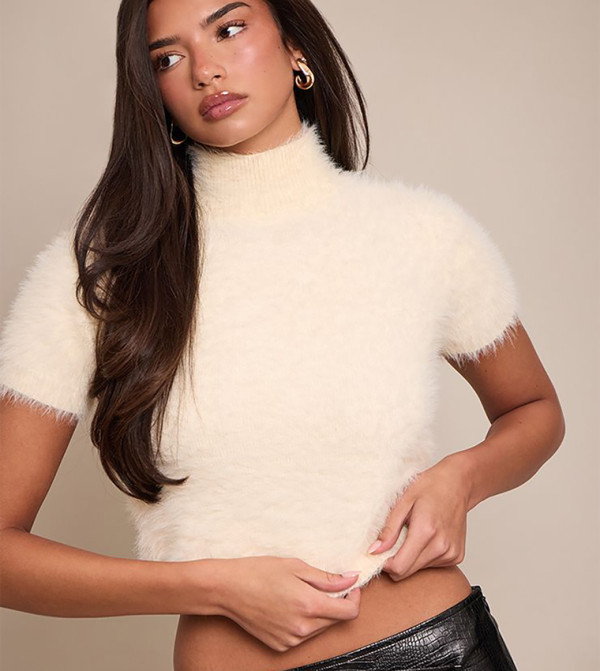 Fluffy Knit Turtleneck Crop Short Sleeves Sweater